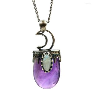 Pendant Necklaces Natural Stone Necklace Women Long Chain Men Antique Silver Color Crown Half Moon Pendants Vintage Statement Jewelry