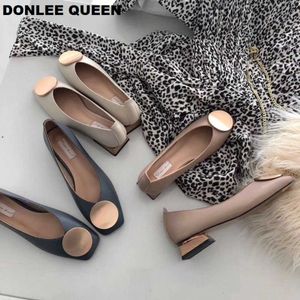 Donlee Queen Women Flats Shoes Low Wood Heel Ballet Square Toe Grunt Buckle Brand Slip On Loafer Big Size 35- 41 Mujer 0220