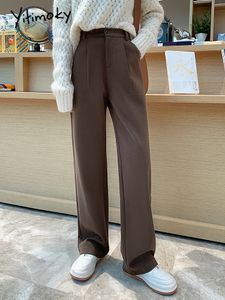 Women's Pants s Yitimoky Woolen for Women Office Lady High Waist Clothes Work Black Coffee Full Length Trousers Korean Fashion Bottoms 230222
