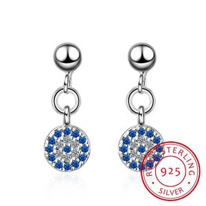 Stud Earrings 925 Sterling Silver For Women Micro-inlaid Blue Clear CZ Zirconia Round Lucky Turkey Evil Of Eye S-E571