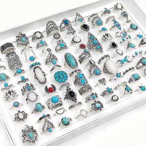 Bröllopsringar 50/100pcss/Lot Vintage Boho Blue Stone Turquoise Rings for Women Wholesale Mix Styles Ethnic Finger Ring Set Jewelry Party Gifts 230222