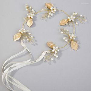 Headpieces Bridal Handmade Pearl Tiara Gold Leaf Wedding Dress Accessory Hair Band Jewelry Decoration