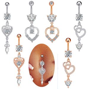 Navelklocka ringer piercing för kvinnor kirurgiskt stål rosguld silver färg dinglande kärlek hjärta hänge sommar strand mode kropp smycken smycken