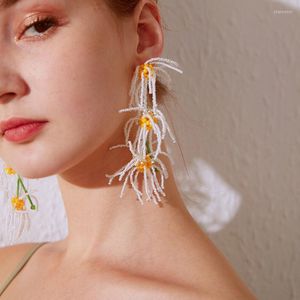 Stud Earrings Hand-made Beaded Long Exaggerated White Daisy Petals Tassel Female Temperament Holiday Style