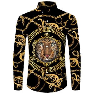 Camisas casuais masculinas Golden Lion Pattern Estampa 3D Camisas masculinas Manga comprida Colar aberto com botão Tops Moda Estilo barroco Roupas streetwear masculinas 230222