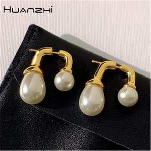 Stud-oorbellen Huanzhi U-vormige grote dubbele ovale parel terug hangend metaal voor vrouw