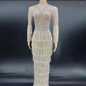 Casual Dresses Sparkly Silver Rhinestone Chains Transparent Long Dress Födelsedag Firar Sexiga Tassels Prom Dancer Outfit Youdu