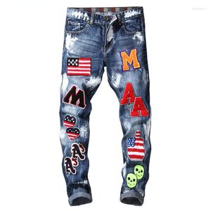 Herren Jeans Herren USA Flagge Patchwork Abzeichen Blau Denim Slim Fit Gerade Buchstaben Bemalt Beflockung Lange Hosen Hosen