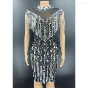 Stage Wear Sparkly Crystals Fringes See Through Short Dress Women Birthday Party Prom Event Rhinestones Chain Sleeveless