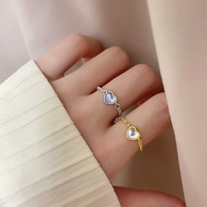 Colorful gradient love Moonstone Ring pull-out naked chain Moon heart-shaped index finger ring women's net red personality