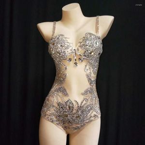 Scenkläder gnistrande silver strass se genom bodysuit kvinnor fjäder leotard outfit kvinnlig bar dance party kostym