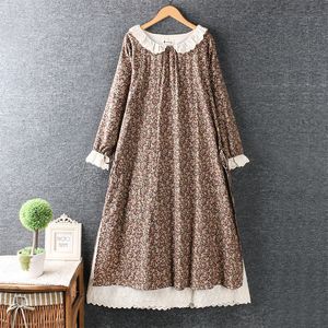 Casual Dresses Japanese Embroidery Cotton And Linen Flower Loose Long-sleeved Dress Midi Dress 230222