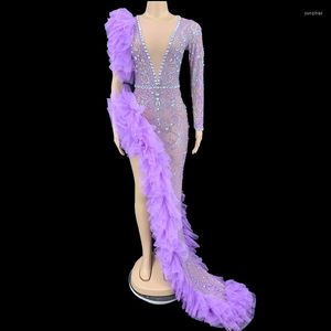Stage Wear Sexy Silver Rhinestones Purple Mesh Transparent Long Dress Birthday Celebrate Evening High Split Women Party Outfit