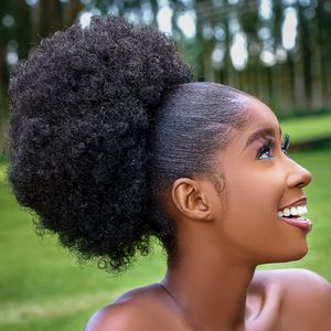 Afro Puff Drawstring Ponytail İnsan Saç Uzatma Siyah Kadınlar İçin Klipler ile Doğal Kinky Kıvırcık 140g