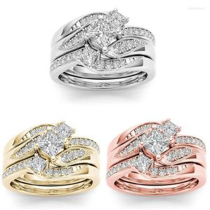 Anéis de casamento Princesa 3pcs Definir charme amarelo anel de ouro de ouro noivado de presente jóias de noiva para mulheres