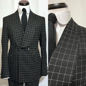 Men's Suits Blazers Black Men Suit TailorMade 2 Pieces Blazer Pants Square Plaid Double Breasted Lapel Fashion Business Wedding Groom Prom Tailored 230222