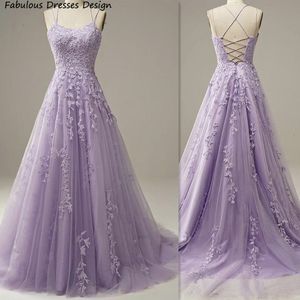 Party Dresses Lilac Tulle Applique Lace Bridesmaid Long A Line Criss Cross Backless Wedding Dress Spaghetti Strap Prom Gown 230221