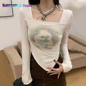 T-Shirt da Donna Karrram Cat Stampato Manica Lunga Crop Top Donna Sexy Slim Colletto Quadrato T-Shirt Irregolare Autunno Chic Design Streetwear Harajuku 022223H