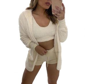 Running Set Women Tracksuit Three Piece Sexy Fluffy Outfits Plush Velvet Hooded Cardigan Shorts Crop Top Sports Suits Chandals MU7105750