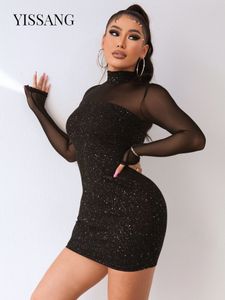 Casual Dresses Yissang Shiny Sequin Fishnet Women Mini Long Sleeve Mesh Hollow Out Transparent Party Clubwear Spandex 230222