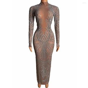 Stage Wear Sparkly Full Silver Rhinestones Long Dress For Women Evening Wedding Celebrate Birthday Sexy Mesh Nightclub Party Outfit