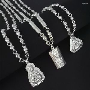 Catene Guanyin Buddha Marca Argento tibetano Collana di amuleti di pace eterna Fiamma che cade Onda d'acqua