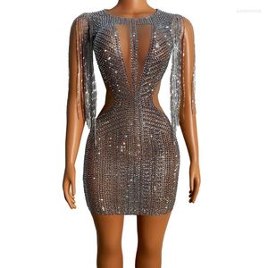 Stage Wear Sparkly Rhinestones Fringe Sexy Transparent Short Dress Birthday Celebrate Party Chain Shoulder Women Bar Nightclub Outfit