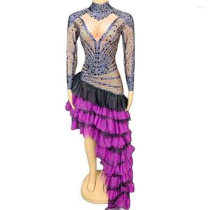 Casual Dresses Luxury Purple Court Asymmetric Ruched Dress Sexy Crystal Rhinestone Long For Wedding Party Woman Dance Stage Costumes