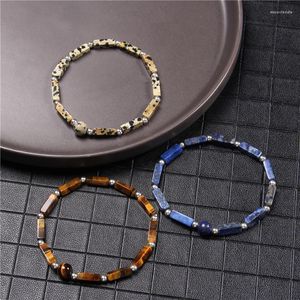 Strand Charm Natural Stone Cuboid Bracelet Men Bloodstone Tiger Eye Lapis Lazuli Silver Color Round Beads Square Bracelets For Women