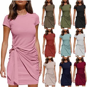 Two Piece Dress Spring and Summer Women's Casual Short Sleeve Round Neck Tight Pleated Tshirt 230222