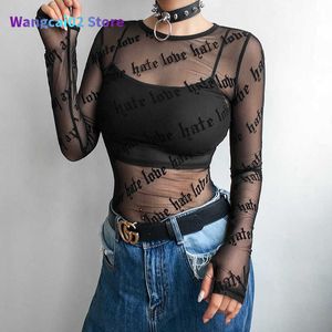 女性のTシャツセクシーな女性メッシュTシャツシースルーパースペクティブTシャツレタープリントOネック透明な長袖Tシャツトップ女性022223H