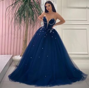 Navy Blue Evening Party Dress Sweetheart Beaded Sleeveless Long Train Prom Formal Gowns Lace Up Back Tulle Robe de Soiree 2023 Vestidos Feast