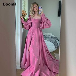 パーティードレスブーマエレガントなピンクのプロムドレスビショップスリーブハイスリットタフタイブニングドレス