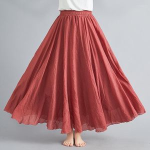 Saias de algodão e linho saia longa saia mulher alta cintura alta elástica casual plaqueado a-linha elegante maxi falda para mujer