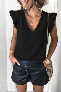 女性のブラウスのノースリーブフリル女性カジュアルシャツ夏vネックストリートスタイルレディースブラックホワイトプルオーバーファッションシャツトップ