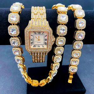 Wristwatches Luxury Iced Out Watches For Women Square Gold Watch Sliver Link Chains Bracelet Necklace Bling Jewelry Set Relojes