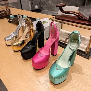 Kvinnor 2023 Spring Summer Satin Platform Sandal Fashion Pump Shoes Elegant Chunky High Block Heel Ankle Strap St￤ngd fyrkantig t￥