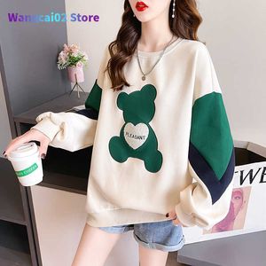 Kvinnors t-shirt Kvinnors tunna överdimensionerade tröjor Casual O-Neck Loose Pullover Harajuku Girls Cute Bear Applices Off-Shoulder Tops 022223h