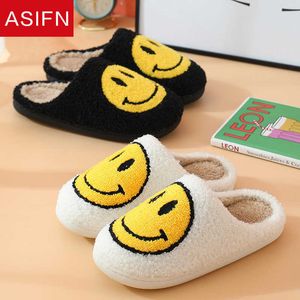 Kapcie Asifn Winter Women Puszysty futra Kapcieczki Big Smile Floor Short Plush Fleece Flat For Pary Black Ladies Buty Halowe Kapcie Z0215