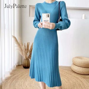 Casual Dresses JulyPalette Chic Women A-line Knit Dress Fall Winter Long SLeeve Slim Waist Female Elasticity Sweater Dress Women Clothes 230222