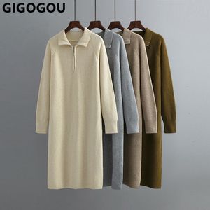 Casual Dresses Gigogou Fashion Designer Polo Women Long Sticke Straight Dress dragkedja Tjocka varma damer Maxi Dress Christmas Pullover Midi Dres 230222