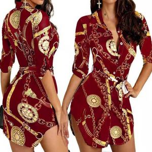 Plus Size 3xl 4xl 2023 New Casual Dresses Women Lace Up Dress Button Down Chain Printed Lapel Neck Party Dress Sexy Bandage Skirt