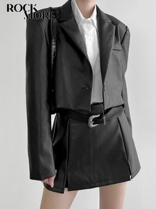 Two Piece Dress Rockmore Faux Leather Blazer Suit Fashion Matching Black Pu Jackets och minikjol Set Women Y2K Streetwear Crop Coat 230222