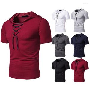 Men's T Shirts Summer Fashion Men's Lace Up Hooded Collar Tee Shirt Loose Short Sleeve Solid Color T-shirt Male Clothing Tops