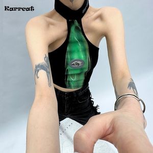 Women's Tanks Camis Karrcat Cyber Y2k Halter Tops Grunge Irregular Tank Top Gothic Black Crop Top Punk Style Chic Designer Clothes E-girl Streetwear 230222