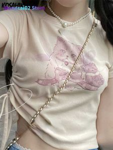 T-shirt feminina Kosahiki Coréia da moda colheita Tops de gato Camise