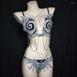 Sahne Giyim Seksi Kutup Dans Kostümü Gümüş Siyah Rhinestone Kadın Model Zincir Bikini Set Gece Kulübü Dansçı Takımı
