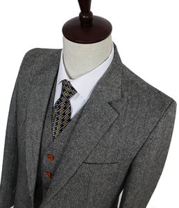 Мужские костюмы Blazers Retro Gentleman Style Grey Classic Tweed Tail Wedding Swide для мужчин, изготовленных на заказ шерсти Slim Fit Blazer Mens 3 Piece костюм 230222