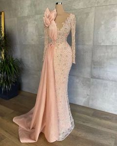 Pink Sexy Mermaid Evening Dresses Wear V Neck Illusion Long Sleeves Lace Appliques Crystal Beaded Flowers Formal Party Prom Gowns Custom Floor Length