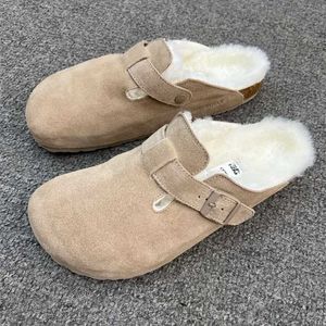 Designer BirkinStock Slippers outlet fivela alemã japonesa Boston Baotou Shoppers Cork Sapatos Burken Sapatos femininos Autumn e Winter Leather Plexh Woollzv1